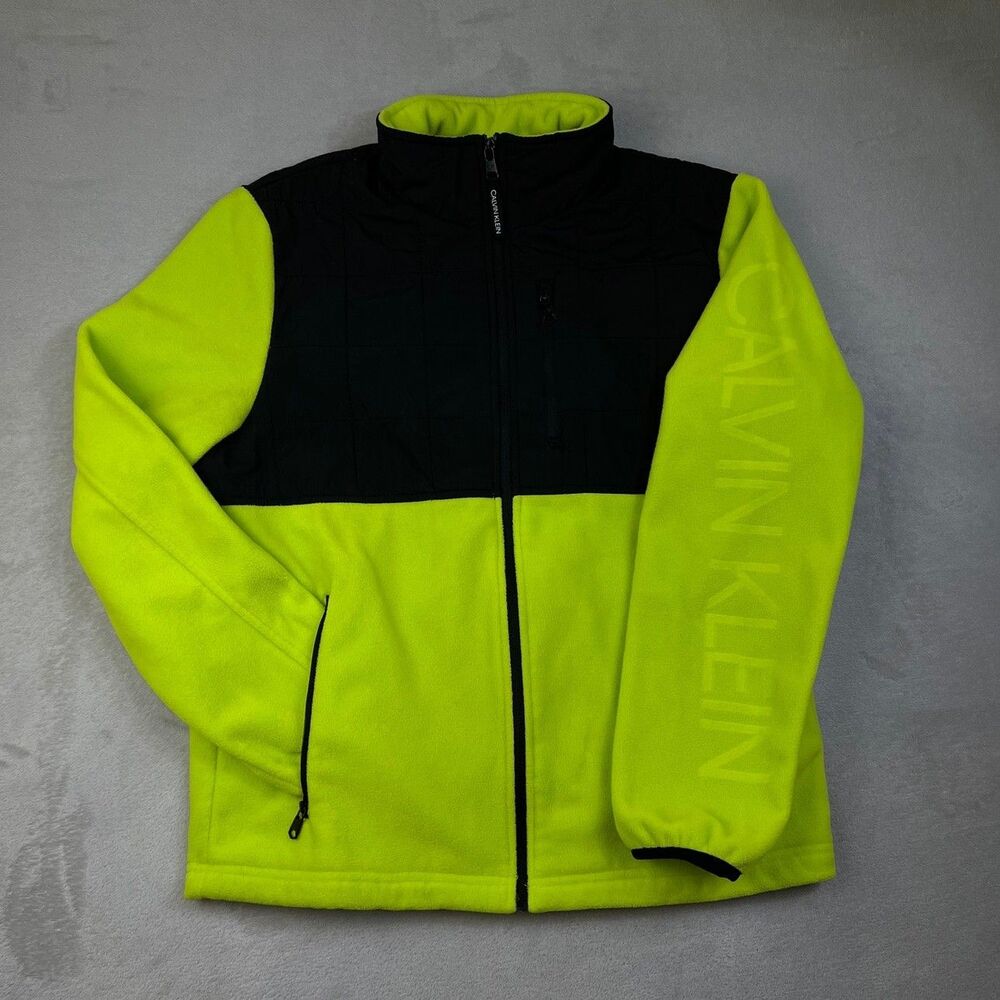 Calvin Klein Fleece Jacket Mens M Neon Green Black Quilted Full Zip Logo Sleeve